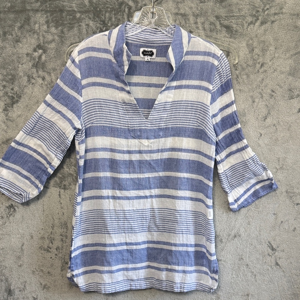 Mudpie Med cotton Tunic Blue and White Striped Women’s V-Neck